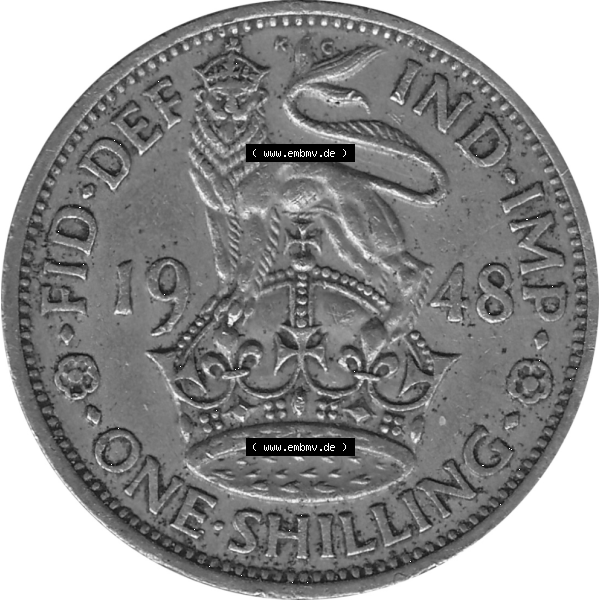 Grau bzw. s/w Münzen Großbritannien Umlaufmünzen Sammlung in PNG 1947-1948, 1 One Schilling - One Shilling, 1948-05 Stehender gekrönter Löwe auf Krone (6) - Digitales... Sammlung Graustufen