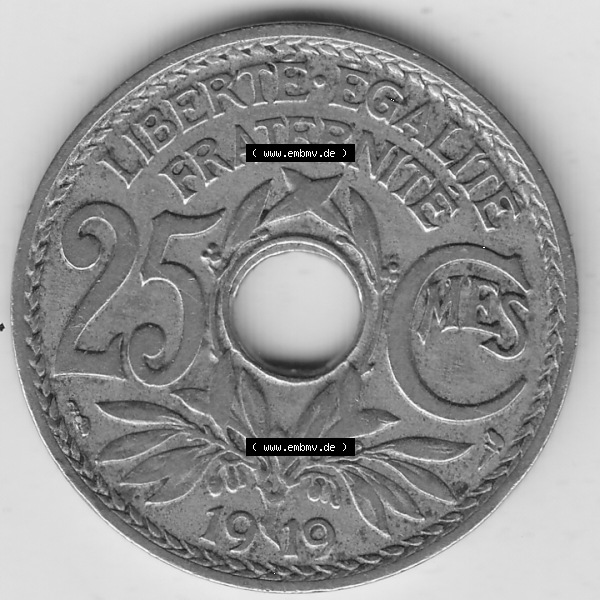 Grau bzw. s/w Münze Frankreich Umlaufmünzen Sammlung in PNG 1917-1937, 25 Cmes, Centimes 1919-1 LIBERTE EGALITE FRATERNITE (2) - Digitales Münzen-Bildmaterial einer französischen... Sammlung Graustufen
