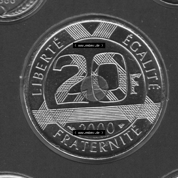 Grau bzw. s/w Münze Frankreich aus KMS Umlaufmünzen Sammlung in PNG 2000, 20 Francs (1) - Digitales Münzen-Bildmaterial einer französischen Francs Münze aus Frankreich aus KMS... Sammlung Graustufen