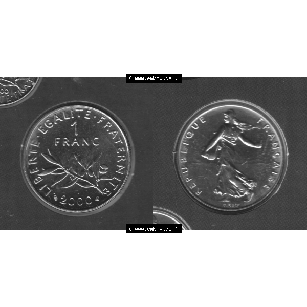 Grau bzw. s/w Münze Frankreich aus KMS Umlaufmünzen Sammlung in PNG 2000, 1 Francs (3) - Digitales Münzen-Bildmaterial einer französischen Francs Münze aus Frankreich aus KMS... Sammlung Graustufen