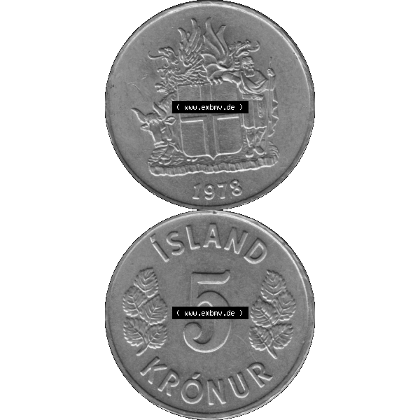 Grau bzw. s/w Alte Münze Island Umlaufmünze 1969-1980, 5 Kronur, Kronen 1978-01. Vorderseite und Rückseite der Münze, Umlaufmünze / Kursmünze Island vertikal... Sammlung Graustufen