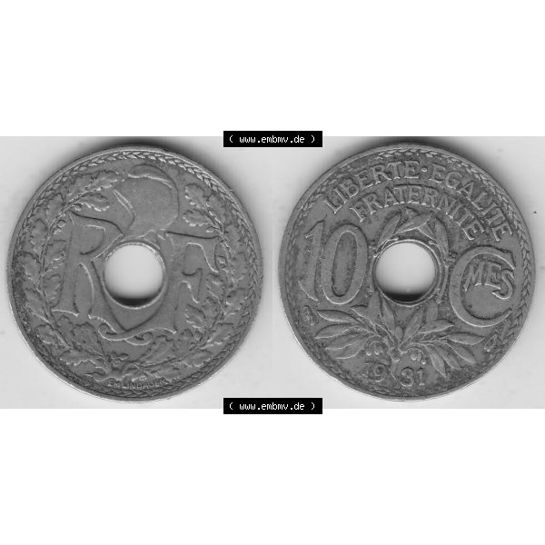 Grau bzw. s/w Münze Frankreich Umlaufmünzen Sammlung in PNG 1917-1938, 10 Centimes, RF - Frankreich 10 CMES EGALITÉ FRATERNITÉ LIBERTÉ 1931-2 (3) - Digitales Münzen-Bildmaterial... Sammlung Graustufen