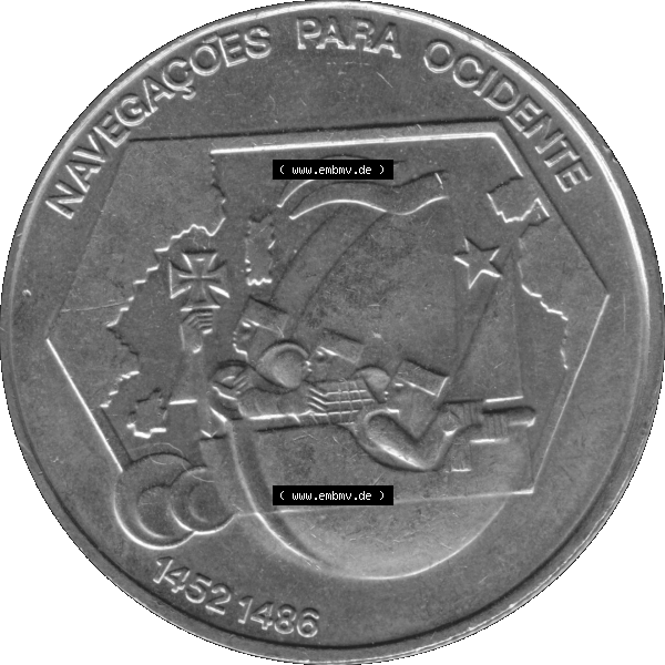 Grau bzw. s/w Alte Gedenkmünze aus Portugal als PNG-Grafik 1992, 200 Escudos, Navegagoes Para Ocidente 1452-1486. Rückseite der portugiesischen 200 Escudos Gedenkmünze aus Portugal... Sammlung Graustufen