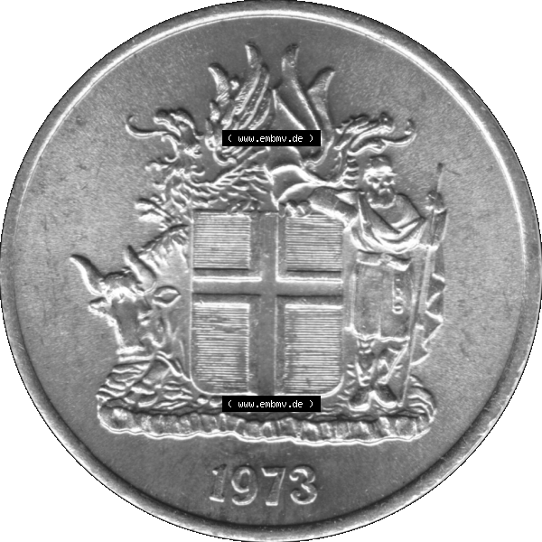 Grau bzw. s/w Alte Münze Island Umlaufmünze 1969-1980, 5 Kronur, Fünf Kronen 1973-01. Vorderseite der isländischen Münze. Umlaufmünze aus Island, zum katalogisieren... Sammlung Graustufen