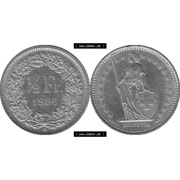 Grau bzw. s/w Alte Münze Schweiz in original Farbgebung vom Scanner transparenten PNG 1983-Heute, 1/2 (halber) Franken B 1986-01. Erst die Rückseite Links und dann die Vorderseite... Sammlung Graustufen