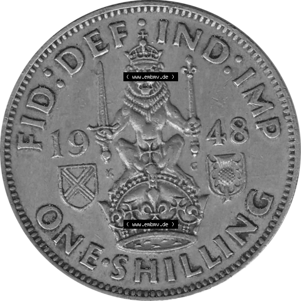 Grau bzw. s/w Münzen Großbritannien Umlaufmünzen Sammlung in PNG 1947-1948, 1 One Schilling - One Shilling, 1948-03 Sitzender gekrönter Löwe auf Krone (6) - Digitales... Sammlung Graustufen