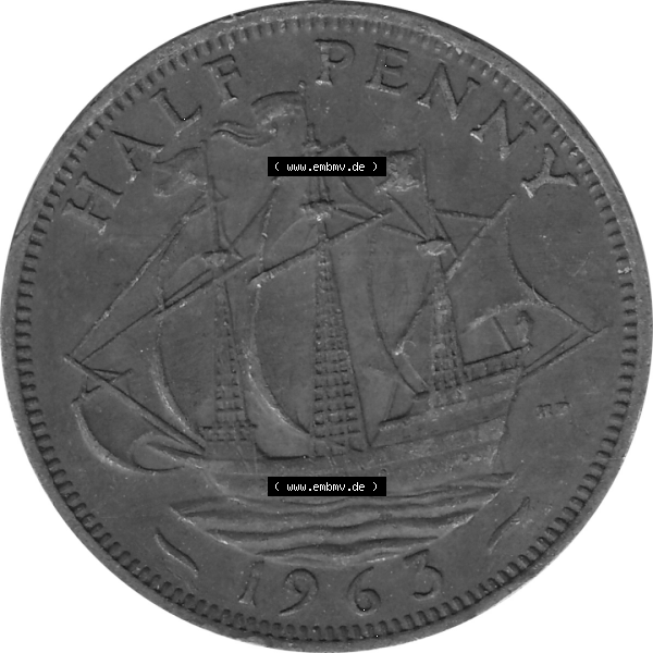 Grau bzw. s/w Münzen Großbritannien Umlaufmünzen Sammlung in PNG 1954-1970, Half Penny, Halber Pence 1963-01, Elisabeth II. (6) - Digitales Münzen-Bildmaterial... Sammlung Graustufen