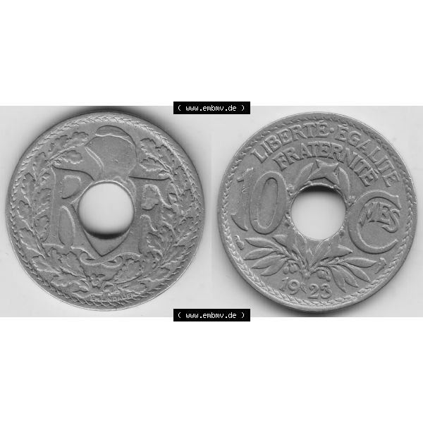 Grau bzw. s/w Münze Frankreich Umlaufmünzen Sammlung in PNG 1917-1938, 10 Centimes - Cmes 1923 (3) - Digitales Münzen-Bildmaterial einer französischen Francs Münze aus Frankreich... Sammlung Graustufen