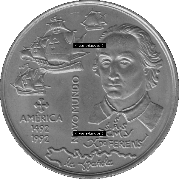 Grau bzw. s/w Alte Gedenkmünze aus Portugal als PNG-Grafik 1992, 200 Escudos, America 1492, Novomundo, Xpo Perens. Rückseite der portugiesischen 200 Escudos Gedenkmünze... Sammlung Graustufen