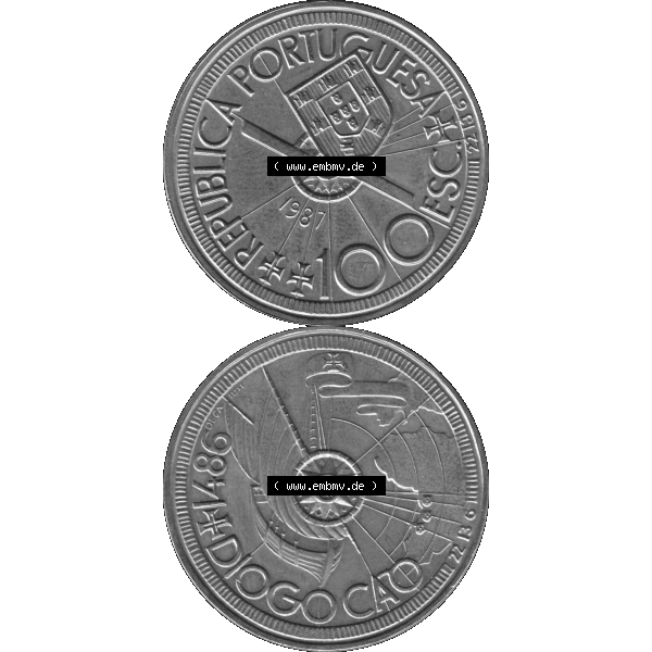 Grau bzw. s/w Alte Gedenkmünze aus Portugal als PNG-Grafik 1987, 100 Escudos, Diogo Cao 1486. Vorderseite und Rückseite vertikal - untereinander auf einen Bild/Foto zusammengefügt... Sammlung Graustufen