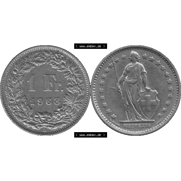 Grau bzw. s/w Alte Münze Schweiz in original Farbgebung vom Scanner transparenten PNG 1968-1982, 1 Franken B 1968-02 (15). Digitales Münzen-Bildmaterial der 1/Ein Franken Münze... Sammlung Graustufen