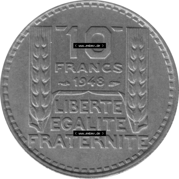 Grau bzw. s/w Münze Frankreich Umlaufmünzen Sammlung in PNG 1947-1949, 10 Francs, Franken 1948-01 (5) - Digitales Münzen-Bildmaterial einer französischen Francs Münze aus... Sammlung Graustufen