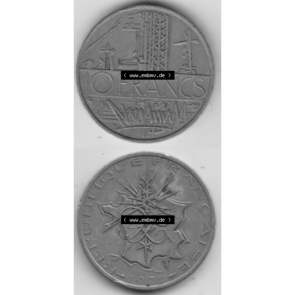 Grau bzw. s/w Münze Frankreich Umlaufmünzen Sammlung in PNG 1974-1987, 10 Franken-Francs 1978 III. (4) - Digitales Münzen-Bildmaterial einer französischen Francs Münze... Sammlung Graustufen