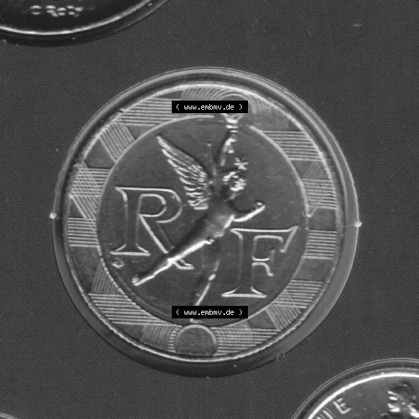 Grau bzw. s/w Münze Frankreich aus KMS Umlaufmünzen Sammlung in PNG 2000, 10 Francs (2) - Digitales Münzen-Bildmaterial einer französischen Francs Münze aus Frankreich aus KMS... Sammlung Graustufen