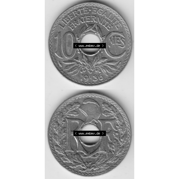 Grau bzw. s/w Münze Frankreich Umlaufmünzen Sammlung in PNG 1917-1938, 10 Centimes, Cent 1936 (4) - Digitales Münzen-Bildmaterial einer französischen Francs Münze aus Frankreich... Sammlung Graustufen