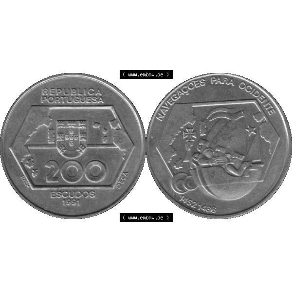 Grau bzw. s/w Alte Gedenkmünze aus Portugal als PNG-Grafik 1992, 200 Escudos, Navegagoes Para Ocidente 1452-1486. Vorderseite und Rückseite auf einen Bild/Foto der portugiesischen 200... Sammlung Graustufen