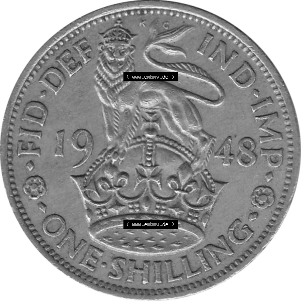Grau bzw. s/w Münzen Großbritannien Umlaufmünzen Sammlung in PNG 1947-1948, 1 One Schilling - One Shilling, 1948-06 Stehender gekrönter Löwe auf Krone (6) - Digitales... Sammlung Graustufen