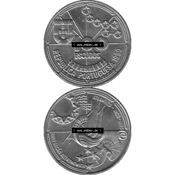 Grau bzw. s/w Alte Gedenkmünze aus Portugal als PNG-Grafik 1990, 100 Escudos, Atlantido 1455-1485, Astronomica. Vorderseite und Rückseite vertikal - untereinander auf einen Bild/Foto... Sammlung Graustufen