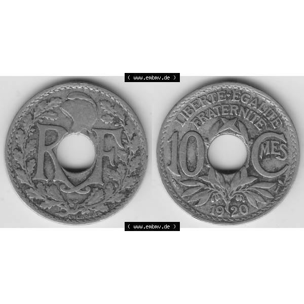 Grau bzw. s/w Münze Frankreich Umlaufmünzen Sammlung in PNG 1917-1938, 10 Centimes - Cmes 1920 (3) - Digitales Münzen-Bildmaterial einer französischen Francs Münze aus Frankreich... Sammlung Graustufen