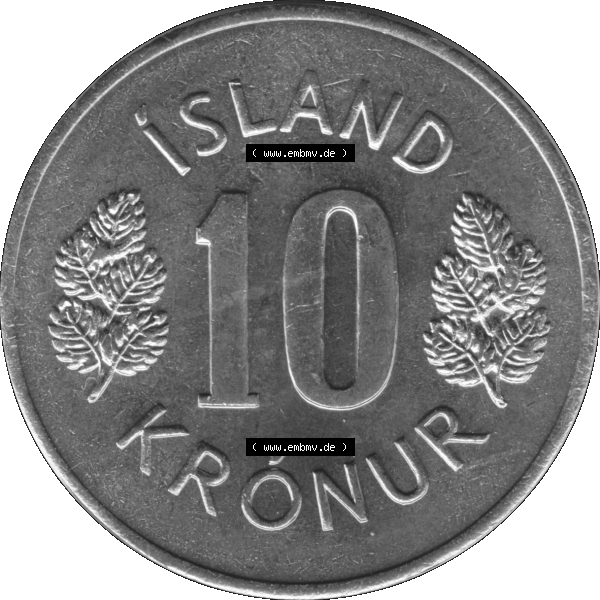 Grau bzw. s/w Alte Münze Island Umlaufmünze 1967-1980, 10 Krönur, Zehn Kronen 1974-01. Rückseite der alten Münze, Umlaufmünze aus Island, Münze zum katalogisieren... Sammlung Graustufen