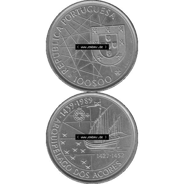 Grau bzw. s/w Alte Gedenkmünze aus Portugal als PNG-Grafik 1989, 100 Escudos, Arouipelago Dos Acores, 1439-1989. Vorderseite und Rückseite vertikal - untereinander auf einen Bild/Foto... Sammlung Graustufen
