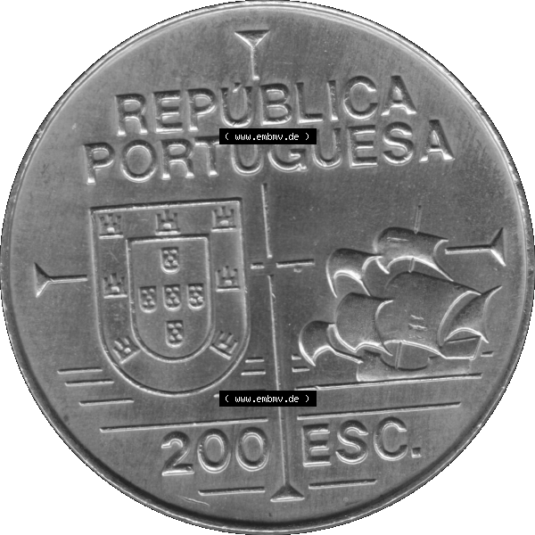 Grau bzw. s/w Alte Gedenkmünze aus Portugal als PNG-Grafik 1992, 200 Escudos, California 1542, Joao Rodrigues Cabrilho. Vorderseite der 200 Escudo Gedenkmünze aus Portugal vor Einführung... Sammlung Graustufen