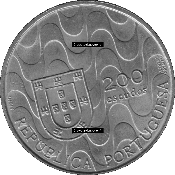 Grau bzw. s/w Alte Gedenkmünze aus Portugal als PNG-Grafik 1992, 200 Escudos, Presidencia da Comunidade Europeia. Vorderseite der 200 Escudo Gedenkmünze aus Portugal vor Einführung... Sammlung Graustufen