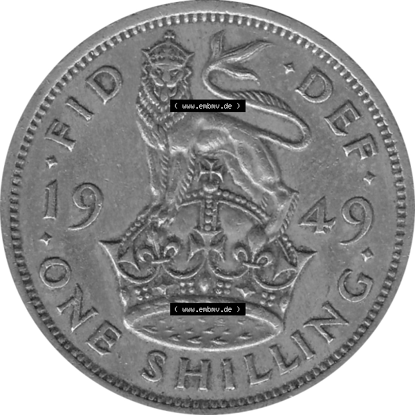 Grau bzw. s/w Münzen Großbritannien Umlaufmünzen Sammlung in PNG 1949-1951, 1 One Schilling - One Shilling, 1949-01 Stehender gekrönter Löwe auf Krone (6) - Digitales... Sammlung Graustufen