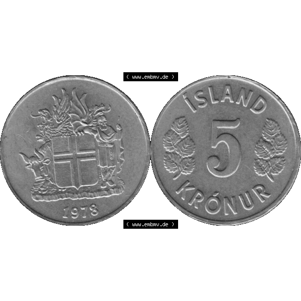 Grau bzw. s/w Alte Münze Island Umlaufmünze 1969-1980, 5 Kronur, Kronen 1978-01. Vorderseite und Rückseite der Münze aus Island horizontal auf einen digitalen Bild der alten isländischen... Sammlung Graustufen
