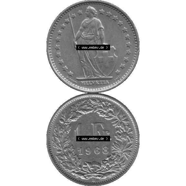 Grau bzw. s/w Alte Münze Schweiz in original Farbgebung vom Scanner transparenten PNG 1968-1982, 1 Franken B 1968-01. Vorderseite und Rückseite der Münze Umlaufmünze / Kursmünze... Sammlung Graustufen