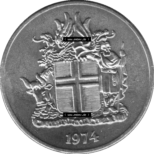 Grau bzw. s/w Alte Münze Island Umlaufmünze 1967-1980, 10 Krönur, Zehn Kronen 1974-01. Vorderseite der isländischen Münze. Umlaufmünze aus Island, zum katalogisieren... Sammlung Graustufen