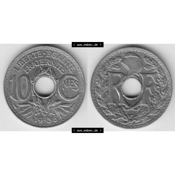 Grau bzw. s/w Münze Frankreich Umlaufmünzen Sammlung in PNG 1917-1938, 10 Centimes, Cent 1936 (3) - Digitales Münzen-Bildmaterial einer französischen Francs Münze aus Frankreich... Sammlung Graustufen