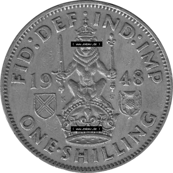 Grau bzw. s/w Münzen Großbritannien Umlaufmünzen Sammlung in PNG 1947-1948, 1 One Schilling - One Shilling, 1948-01 Sitzender gekrönter Löwe auf Krone (6) - Digitales... Sammlung Graustufen