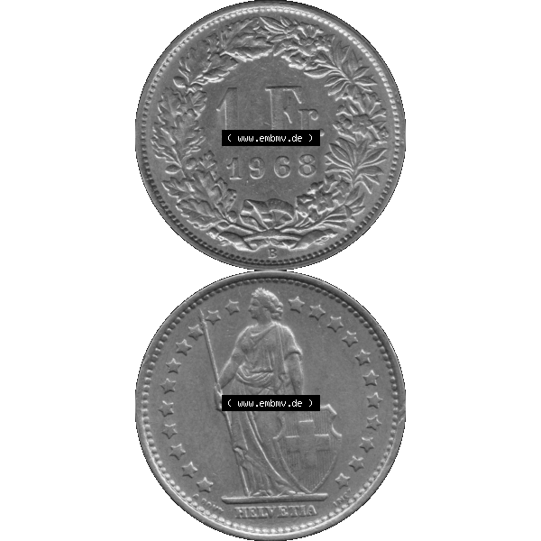 Grau bzw. s/w Alte Münze Schweiz in original Farbgebung vom Scanner transparenten PNG 1968-1982, 1 Franken B 1968-01 (16). Digitales Münzen-Bildmaterial der 1/Ein Franken Münze... Sammlung Graustufen