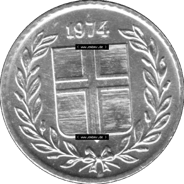 Grau bzw. s/w Alte Münze Island Umlaufmünze 1970-1974, 10 Aurar, Zehn Aura 1974-01. Vorderseite der isländischen Münze. Umlaufmünze aus Island, zum katalogisieren... Sammlung Graustufen