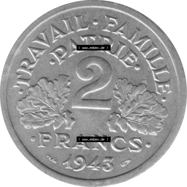 Grau bzw. s/w Münze Frankreich Umlaufmünzen Sammlung in PNG 1943-1944, 2 Francs, Franken 1943-01 (5) - Digitales Münzen-Bildmaterial einer französischen Francs Münze aus... Sammlung Graustufen