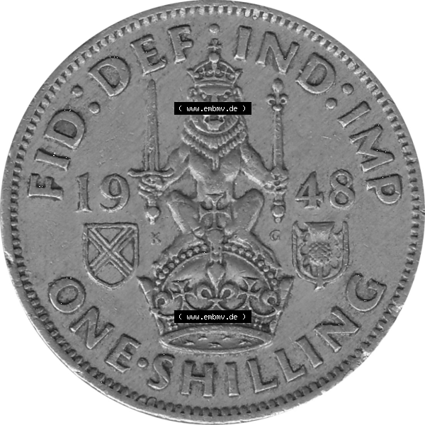 Grau bzw. s/w Münzen Großbritannien Umlaufmünzen Sammlung in PNG 1947-1948, 1 One Schilling - One Shilling, 1948-10 Sitzender gekrönter Löwe auf Krone (6) - Digitales... Sammlung Graustufen