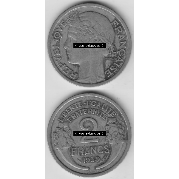Grau bzw. s/w Münze Frankreich Umlaufmünzen Sammlung in PNG 1931-1941, 2 Franken 1939-1 LIBERTE EGALITE FRATERNITE (4) - Digitales Münzen-Bildmaterial einer französischen Francs Münze... Sammlung Graustufen