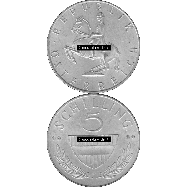 Grau bzw. s/w Alte Münze 5 / Fünf Schilling Österreich in original Farbgebung von Scanner transparenten PNG 1960-1968, 5 Fünf Schilling 1966-01, 5,20 Gramm 640er Silber,... Sammlung Graustufen