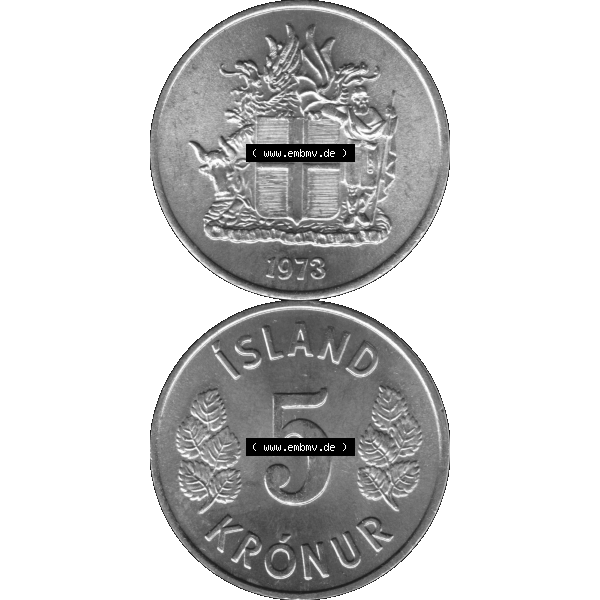 Grau bzw. s/w Alte Münze Island Umlaufmünze 1969-1980, 5 Kronur, Fünf Kronen 1973-01. Vorderseite und Rückseite der Münze, Umlaufmünze / Kursmünze Island... Sammlung Graustufen