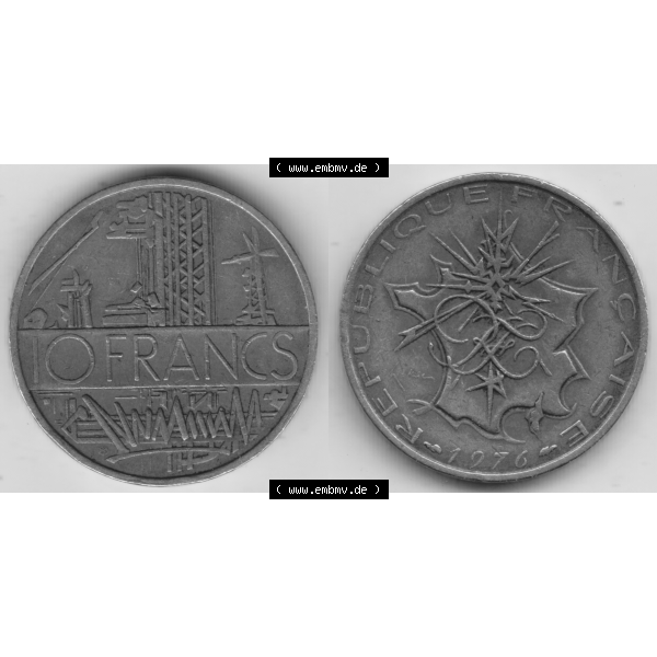 Grau bzw. s/w Münze Frankreich Umlaufmünzen Sammlung in PNG 1974-1987, 10 Franken-Francs 1976 (3) - Digitales Münzen-Bildmaterial einer französischen Francs Münze aus Frankreich... Sammlung Graustufen