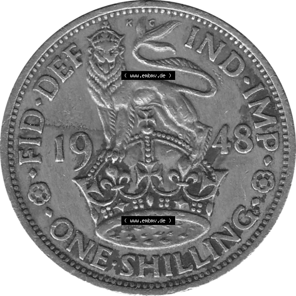 Grau bzw. s/w Münzen Großbritannien Umlaufmünzen Sammlung in PNG 1947-1948, 1 One Schilling - One Shilling, 1948-04 Stehender gekrönter Löwe auf Krone (6) - Digitales... Sammlung Graustufen