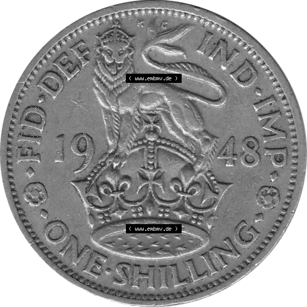 Grau bzw. s/w Münzen Großbritannien Umlaufmünzen Sammlung in PNG 1947-1948, 1 One Schilling - One Shilling, 1948-08 Stehender gekrönter Löwe auf Krone (6) - Digitales... Sammlung Graustufen