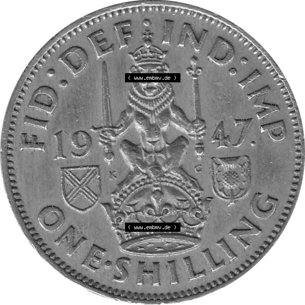 Grau bzw. s/w Münzen Großbritannien Umlaufmünzen Sammlung in PNG 1947-1948, 1 One Schilling - One Shilling, 1947-01 Sitzender gekrönter Löwe auf Krone (6) - Digitales... Sammlung Graustufen