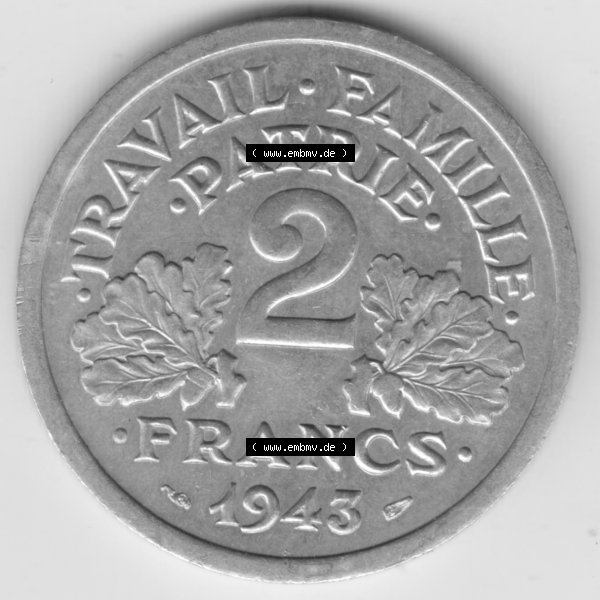 Grau bzw. s/w Münze Frankreich Umlaufmünzen Sammlung in PNG 1943-1944, 2 Francs, Franken 1943 (1) - Digitales Münzen-Bildmaterial einer französischen Francs Münze aus Frankreich... Sammlung Graustufen