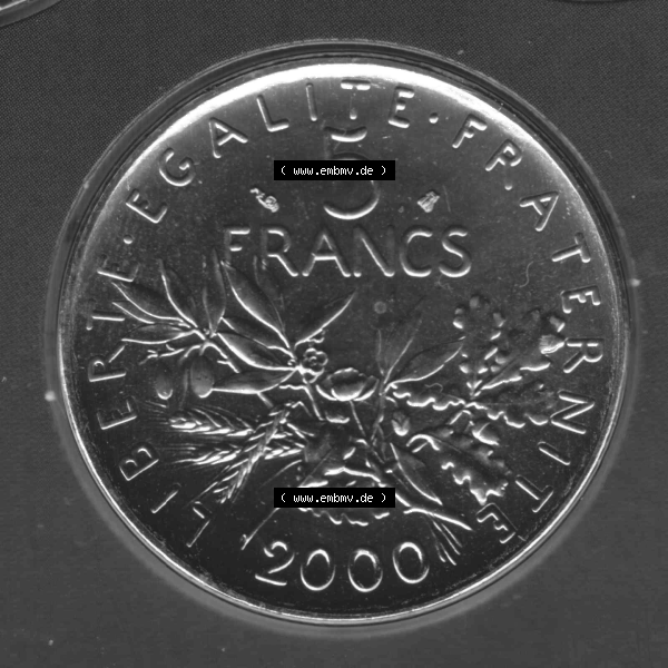 Grau bzw. s/w Münze Frankreich aus KMS Umlaufmünzen Sammlung in PNG 2000, 5 Francs (1) - Digitales Münzen-Bildmaterial einer französischen Francs Münze aus Frankreich aus KMS... Sammlung Graustufen