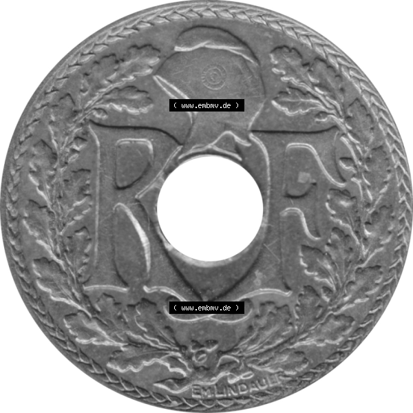 Grau bzw. s/w Münze Frankreich Umlaufmünzen Sammlung in PNG 1917-1938, 10 Centimes, Cent 1936-01 (6) - Digitales Münzen-Bildmaterial einer französischen Francs Münze aus... Sammlung Graustufen