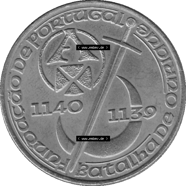 Grau bzw. s/w Alte Gedenkmünze aus Portugal als PNG-Grafik 1989, 250 Escudos, Batalha de Ourique, Schlacht von Ourique. Rückseite der portugiesischen Gedenkmünze aus Portugal... Sammlung Graustufen