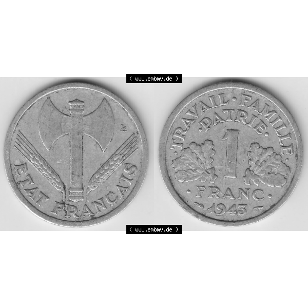 Grau bzw. s/w Münze Frankreich Umlaufmünzen Sammlung in PNG 1942-1944, 1 Franken - Francs 1943-2 (3) - Digitales Münzen-Bildmaterial einer französischen Francs Münze aus Frankreich... Sammlung Graustufen