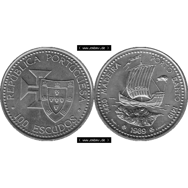 Grau bzw. s/w Alte Gedenkmünze aus Portugal als PNG-Grafik 1989, 100 Escudos, 1420 Madeira Porto Santo 1419. Vorderseite und Rückseite auf einen Bild/Foto der portugiesischen Gedenkmünze... Sammlung Graustufen
